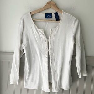 Vintage JH Collectibles Medium White Cotton Button-Front Embellished Cardigan